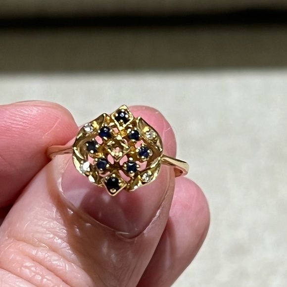 14K Solid Gold Blue Sapphire & Diamond Ring Size 7 - Picture 6 of 10